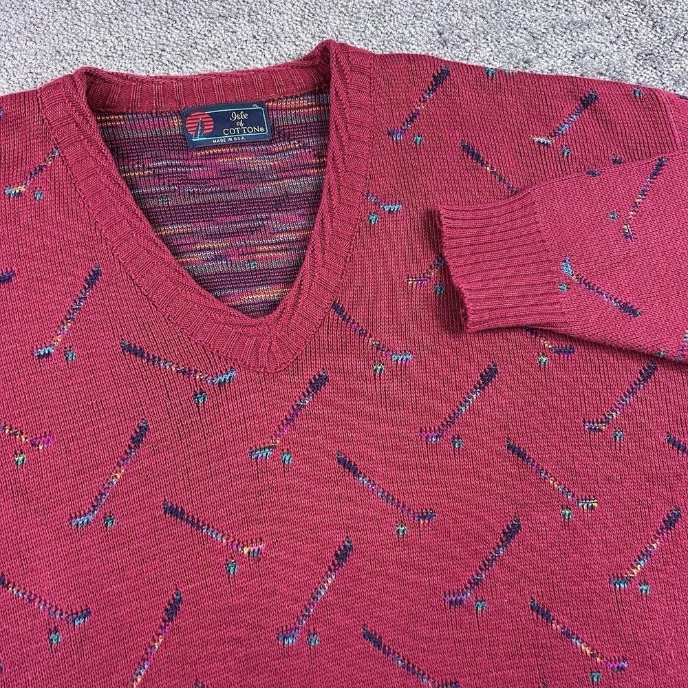 Vintage Isle of Cotton Mens XL Sweater Burgundy Abstract Knit Made in USA Golf